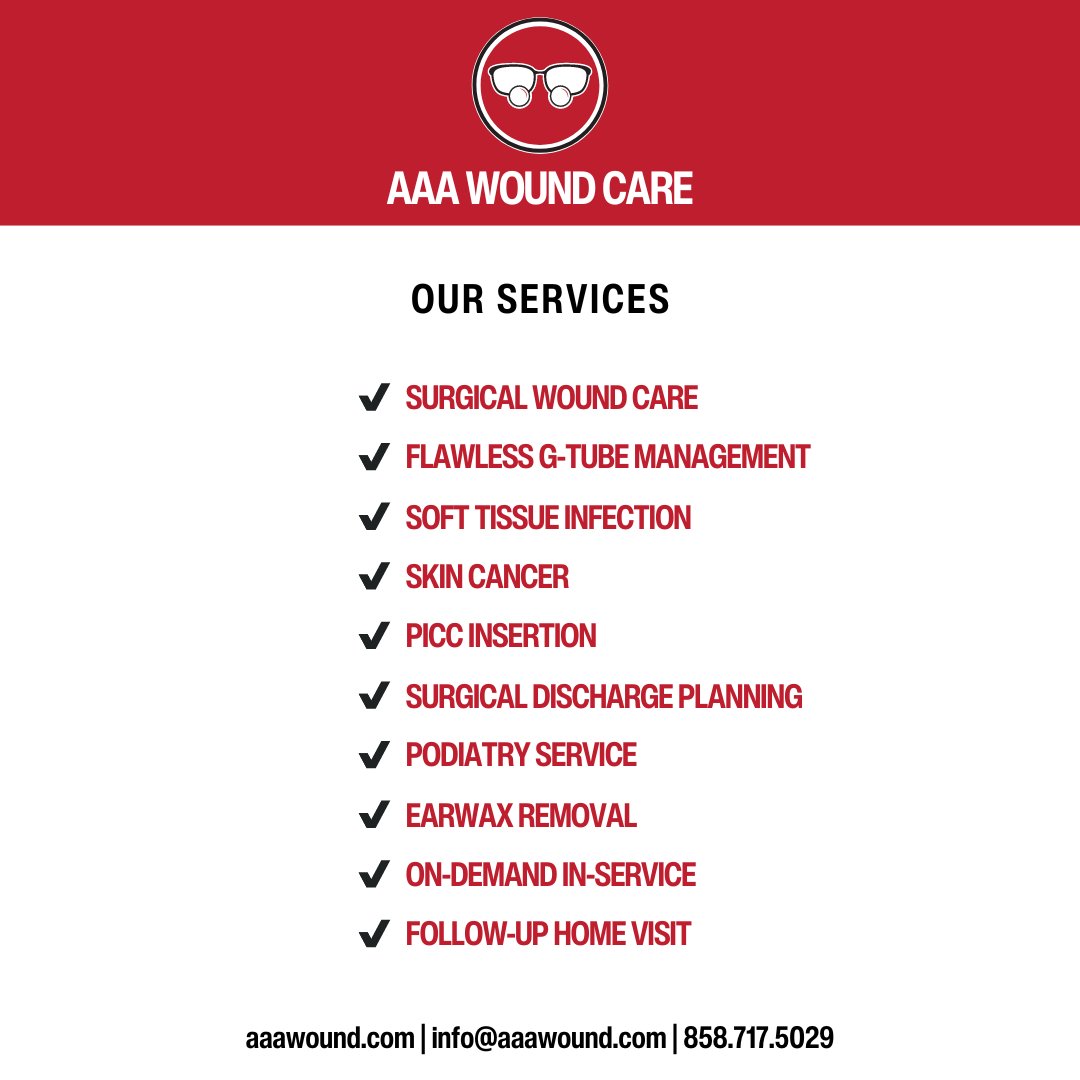 AAAWoundCare's tweet photo. Here are services we provide as the premier wound care service in San Diego County.

Want to know more about wound care, or how we can help you or your patients? Reach us anytime by phone or email.

#woundcare #sandiego #nursinghomes #nurse #nursing #nursepractitioner #doctor https://t.co/pqRcLNtqVx