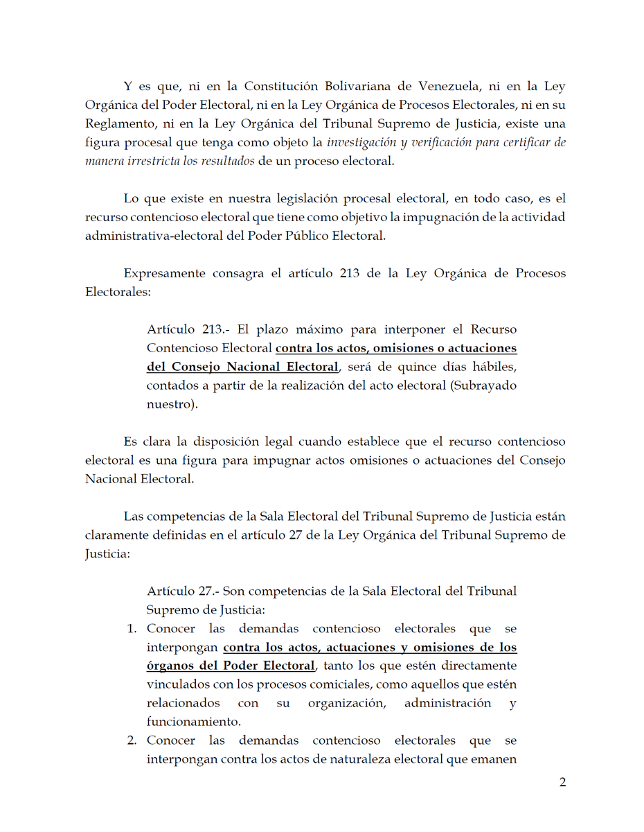 frrodriguezc's tweet photo. Argumentos presentados en escrito de @aecarri ante Sala Electoral del TSJ hoy:
1. La figura procesal usada por el TSJ no existe en la Constitución ni legislación venezolana.
2. Corresponde a la Sala Electoral declarar la inadmisibilidad del recurso interpuesto por Nicolás Maduro.
3. La convocatoria hecha hoy a los candidatos detenta manifiestas irregularidades.
4. No se le puede solicitar a un candidato que "certifique" un resultado electoral.
5. El único ente que tiene tal competencia es el Poder Electoral, por lo cual un proceso de certificación por candidatos constituiría usurpación de funciones.
6. Avanzar con procesos judiciales que no están consagrados en la legislación venezolana no colabora en el cometido de lograr un camino de entendimiento y no conflictividad.
7. El juicio propone la ruptura del objetivo de la figura del recurso contencioso electoral ya que no se sabe que acto, actuación u omisión del ente comicial se está impugnando.
8. Por tanto, la presente citación es totalmente impertinente, ya que no se tiene conocimiento del carácter de la misma, ni se sabe en qué condición se ha sido citado.

Vale la pena añadir que la firma de un acta de notificación no es más que una constancia de haber sido notificado y de ninguna manera constituye un aval de los procedimientos iniciados.