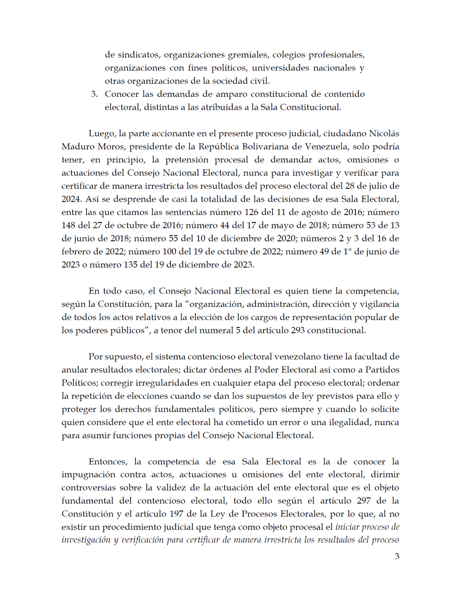 frrodriguezc's tweet photo. Argumentos presentados en escrito de @aecarri ante Sala Electoral del TSJ hoy:
1. La figura procesal usada por el TSJ no existe en la Constitución ni legislación venezolana.
2. Corresponde a la Sala Electoral declarar la inadmisibilidad del recurso interpuesto por Nicolás Maduro.
3. La convocatoria hecha hoy a los candidatos detenta manifiestas irregularidades.
4. No se le puede solicitar a un candidato que "certifique" un resultado electoral.
5. El único ente que tiene tal competencia es el Poder Electoral, por lo cual un proceso de certificación por candidatos constituiría usurpación de funciones.
6. Avanzar con procesos judiciales que no están consagrados en la legislación venezolana no colabora en el cometido de lograr un camino de entendimiento y no conflictividad.
7. El juicio propone la ruptura del objetivo de la figura del recurso contencioso electoral ya que no se sabe que acto, actuación u omisión del ente comicial se está impugnando.
8. Por tanto, la presente citación es totalmente impertinente, ya que no se tiene conocimiento del carácter de la misma, ni se sabe en qué condición se ha sido citado.

Vale la pena añadir que la firma de un acta de notificación no es más que una constancia de haber sido notificado y de ninguna manera constituye un aval de los procedimientos iniciados.