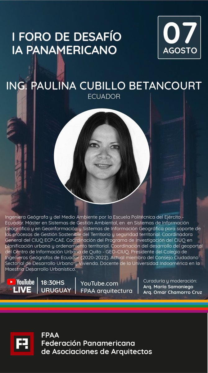 Paulina Cubillo (@p_cubillo1) on Twitter photo ✅ Un gusto poder participar en el Primer Foro de Desafío de Inteligencia Artificial Panamericano, organizado por <a href="/FPAA_arq/">FPAA Arquitectos</a> , donde hablaré sobre un caso de estudio de aplicación de #MachineLearning en 📉📊 #Urbanismo. 🏙 <a href="/ciuq_ec/">CIUQ Centro de información Urbana Quito</a>
📍 Youtube LIVE - Canal
📅 7 de agosto
⏰ 16:30 ✅ Un gusto poder participar en el Primer Foro de Desafío de Inteligencia Artificial Panamericano, organizado por <a href="/FPAA_arq/">FPAA Arquitectos</a> , donde hablaré sobre un caso de estudio de aplicación de #MachineLearning en 📉📊 #Urbanismo. 🏙 <a href="/ciuq_ec/">CIUQ Centro de información Urbana Quito</a>
📍 Youtube LIVE - Canal
📅 7 de agosto
⏰ 16:30