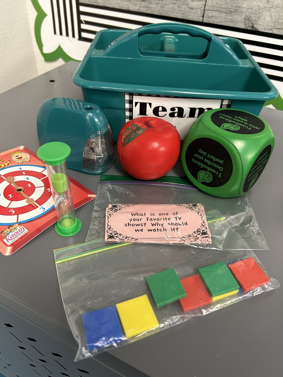 angelaatkagan's tweet image. Got team tubs? What do you keep in yours? So far I have talking chips (for discussions), teambuilding die, pencil sharpener, question cards, timer, spinner, and an apple for taking turns. @KaganOnline #mrspink4thgrade