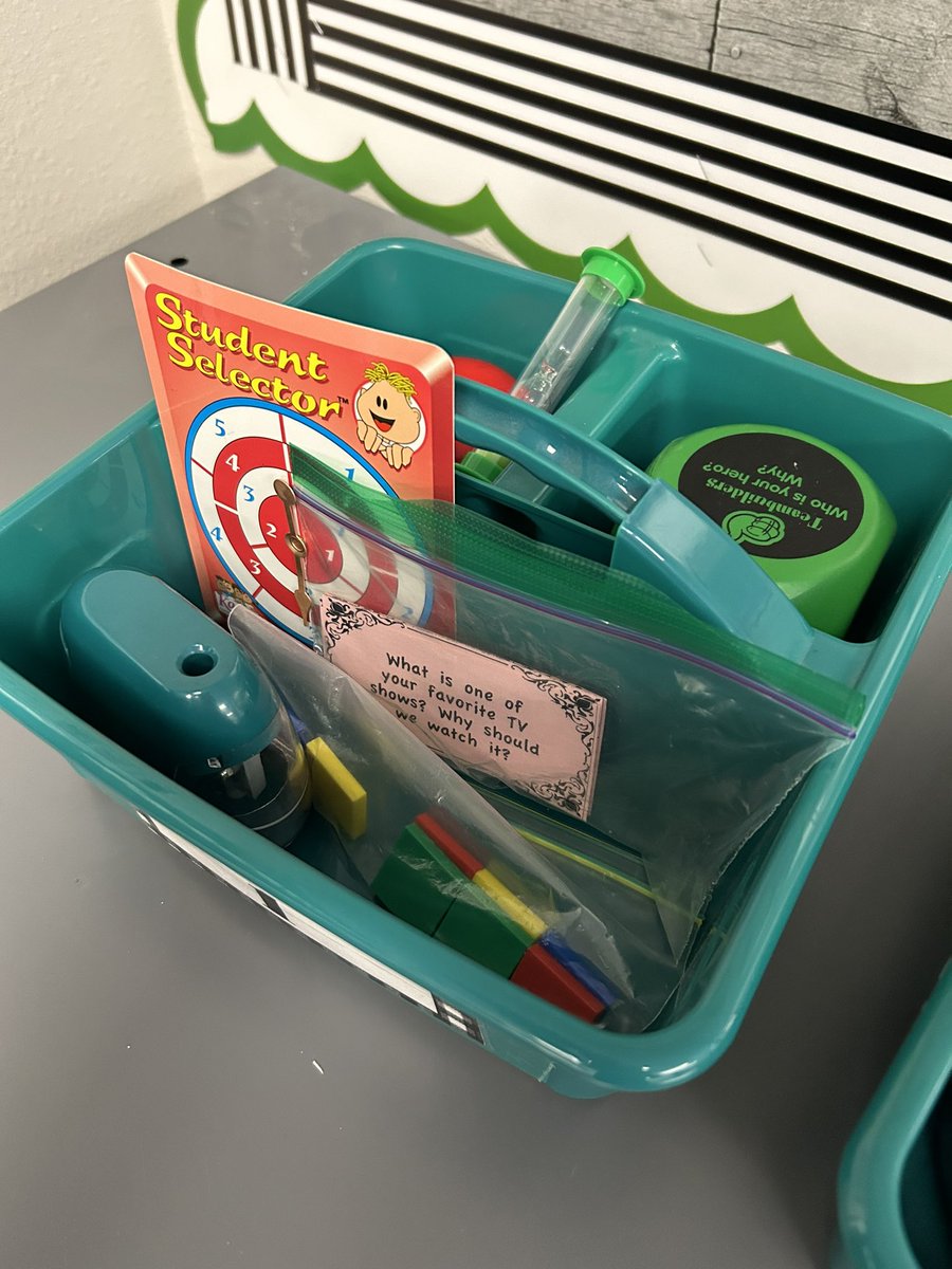 angelaatkagan's tweet image. Got team tubs? What do you keep in yours? So far I have talking chips (for discussions), teambuilding die, pencil sharpener, question cards, timer, spinner, and an apple for taking turns. @KaganOnline #mrspink4thgrade