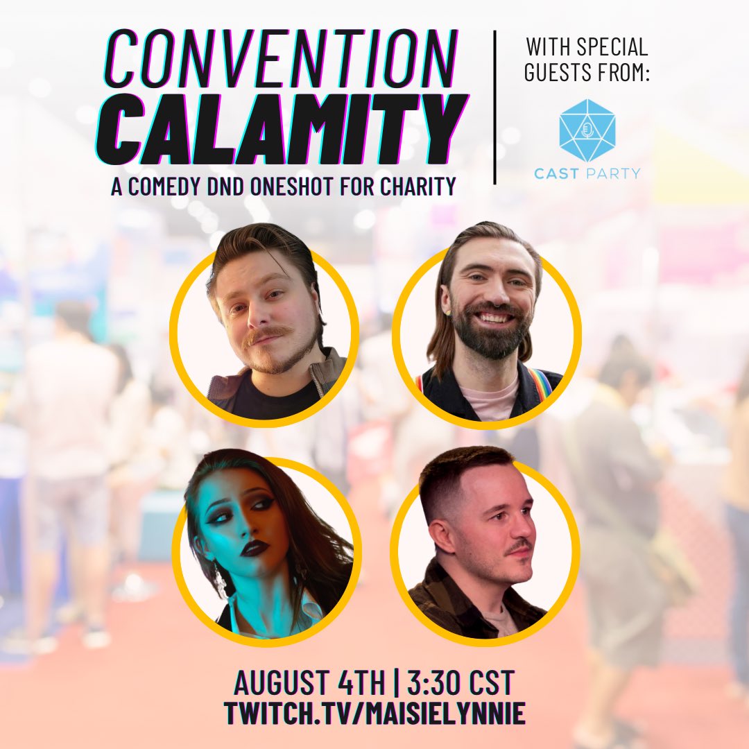 Tune in Sunday to watch me DM some of the <a href="/CastPartyDND/">CAST PARTY</a> crew in Convention Calamity!

Join us as our brave players must make their way through a ttrpg convention that has become infested with Faerunian magic! There will also be ways for the audience to join in the fun! 🖤