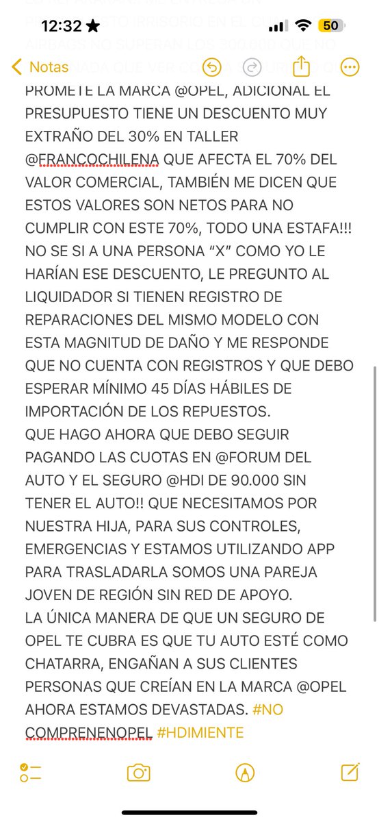 DanielaAzc95655's tweet photo. Les cuento mi experiencia con @Opel_Chile tomando un seguro en @hdiseguroschile Por favor PIÉNSENLO 2 veces cuando les digan seguro de la marca , esperan que tu vehículo esté completamente chatarra para responderte @SERNAC  #OPEL #HDI #OPELMOKKA  #HDIMIENTE . https://t.co/mtTErqb56Y