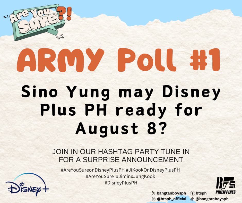 ARMYs💜

Are you sure you're ready sa August 8😁?

Drop a ☑️ if #DisneyPlusPH is already installed in your 📱

We just want to check if you're ready cause #Jimin and #Jungkook are arriving 🔜 

#AreYouSureonDisneyPlusPH #JiKookOnDisneyPlusPH #AreYouSure #JiminxJungKook