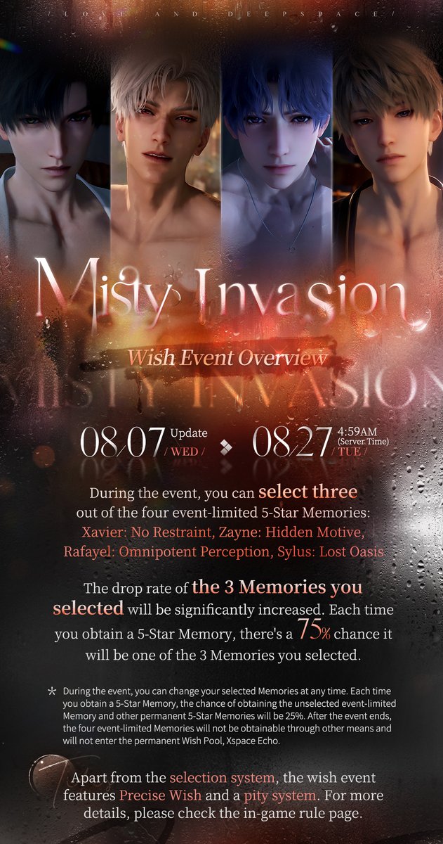 Love_Deepspace's tweet image. Love and Deepspace | Misty Invasion

The New 5-Star Limited Rate UP Pool [Misty Invasion] Coming Soon

🤍Event Duration: Update on Aug. 7 – 4:59 AM, Aug. 27 (server time)

🤍Description
1. During the event, you can select three out of the four event-limited 5-Star Memories:…