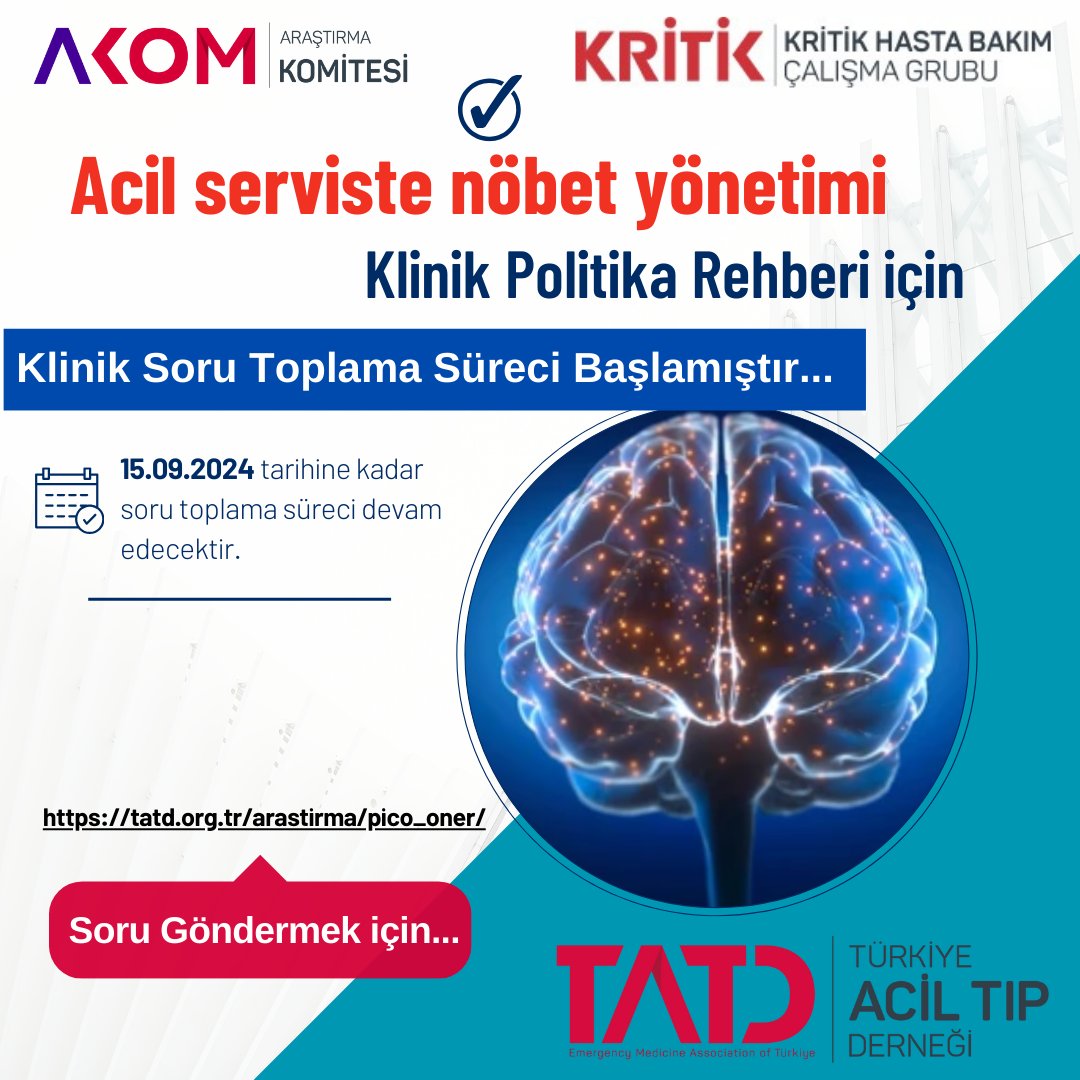 AKOM (@akom_tatd) on Twitter photo "TATD-Acil Serviste Nöbet Yönetimi 2024" Klinik Politika Rehberi TATD-AKOM ve TATD-Kritik Hasta Bakımı Çalışma Grubu iş birliğiyle hazırlanma süreci başlamıştır. Rehberde yer almasını istediğiniz sorularınızı bize gönderebilirsiniz...
tatd.org.tr/arastirma/pico…
<a href="/TrTATD/">Türkiye Acil Tıp Derneği - TATD (EMAT)</a> <a href="/KritikBakim/">Kritik Bakim ÇG</a> "TATD-Acil Serviste Nöbet Yönetimi 2024" Klinik Politika Rehberi TATD-AKOM ve TATD-Kritik Hasta Bakımı Çalışma Grubu iş birliğiyle hazırlanma süreci başlamıştır. Rehberde yer almasını istediğiniz sorularınızı bize gönderebilirsiniz...
tatd.org.tr/arastirma/pico…
<a href="/TrTATD/">Türkiye Acil Tıp Derneği - TATD (EMAT)</a> <a href="/KritikBakim/">Kritik Bakim ÇG</a>