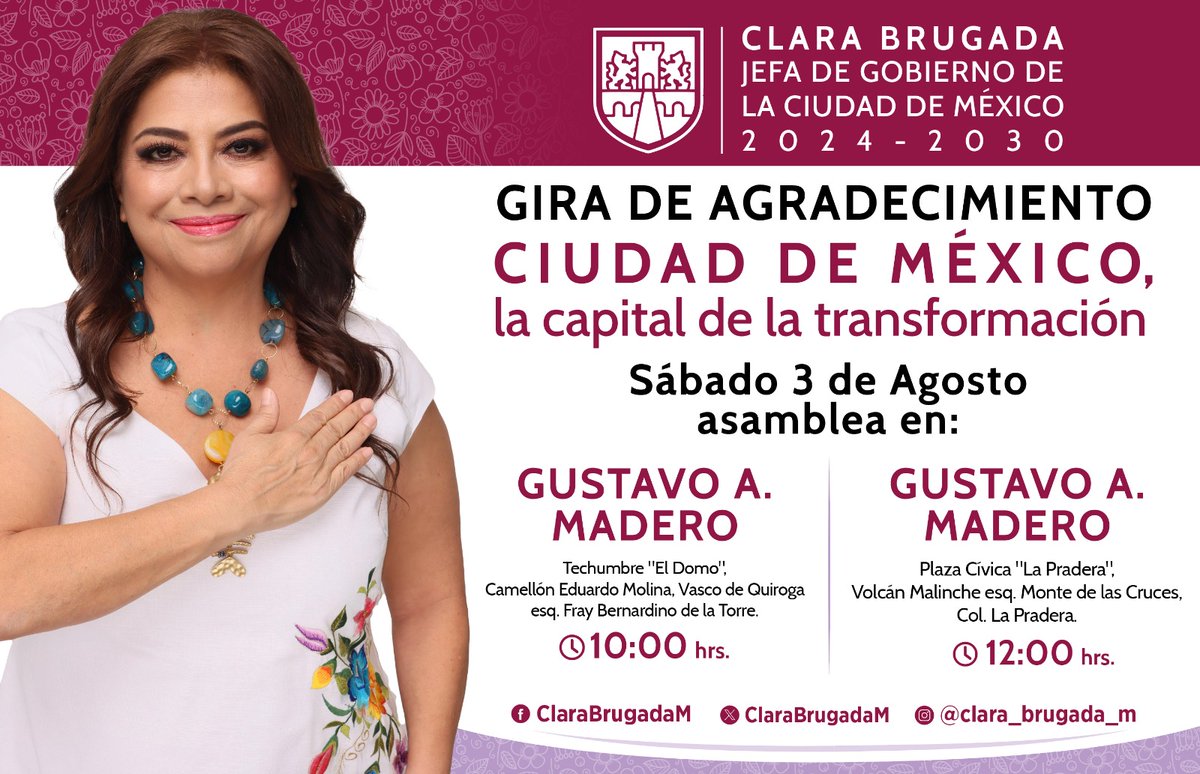 ClaraBrugadaM's tweet photo. Mañana estaré visitando la alcaldía #GustavoAMadero para agradecerles su confianza, su cariño y su apoyo que nos dio el triunfo el pasado 2 de junio. Los espero para platicarles más sobre el plan de gobierno que haremos realidad en toda la Ciudad de México.

¡Allá nos vemos!

#ClaraJefaDeGobierno