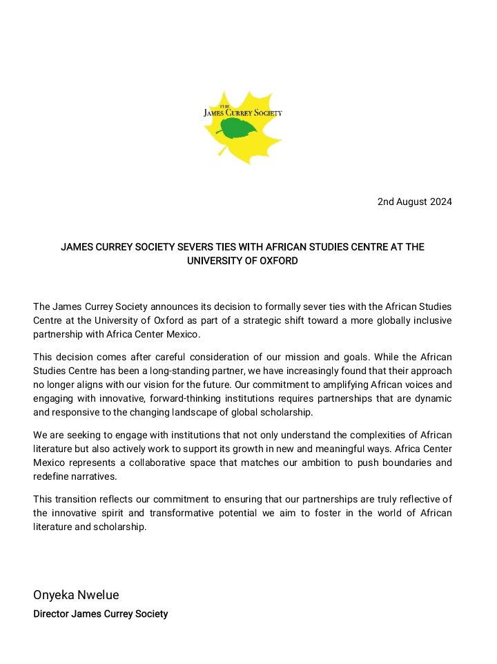 PRESS RELEASE 

The James Currey Society has officially severed ties with the African Studies Centre at the University of Oxford.
