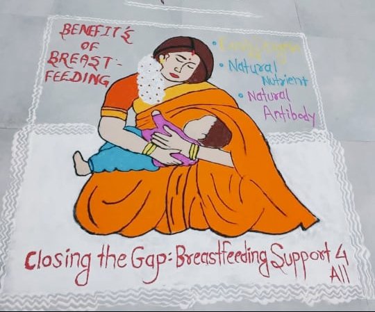 Bharti institute of nursing Saraipali #MahadmundDist में #WBW2024 के अंतर्गत रंगोली बनाकर प्रेरित किया गया जिसमें मां का दूध बच्चे के लिए किसी अमृत से कम नहीं होता।  मां दूध के माध्यम से बच्चे को भरपूर पोषण देती है l आइये हम मिल कर  विश्व स्तनपान सप्ताह के ऊपर जागरूकता फैलाए  l