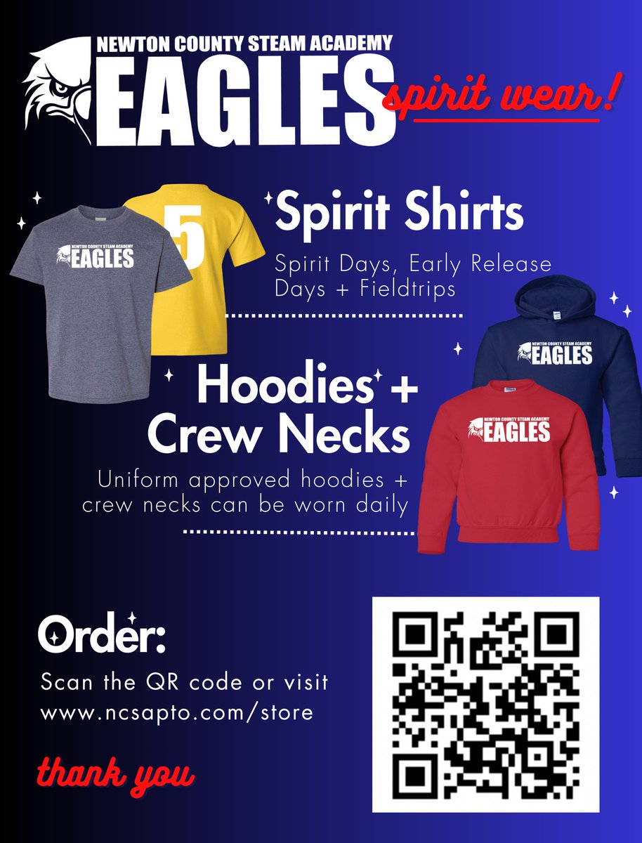 NCTS09's tweet photo. Help our students soar with Eagle Flight for Funds!  Donations help provide quality resources and experiences, contributing to student success. Spirit shirts, hoodies, and crew necks are also available for purchase! Visit https://t.co/Vk4K0Qey33 today! https://t.co/fGDD1EnBsI