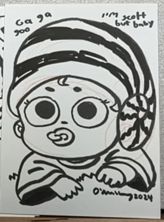 ThePilgrimScoop's tweet photo. Ok so on Bryan's Twitch Stream, I asked him to draw Scott with his Beanie from Vol.1 (my pfp), and mid-way through drawing he decided to change it to this.
Ladies and gentlemen, I accidentally conjured Baby Scott https://t.co/HGFtCMq1vd