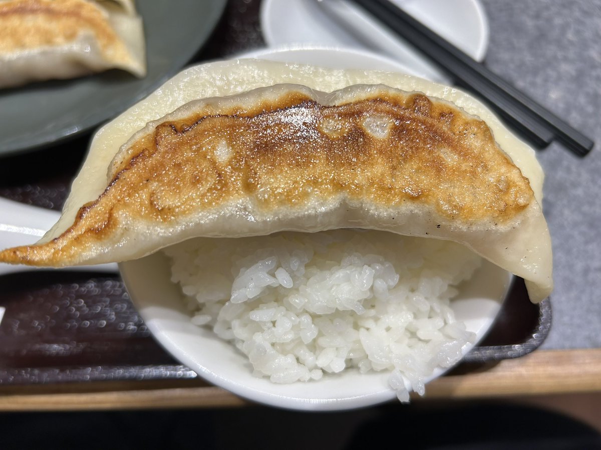 Kimihareru's tweet photo. きたー餃子onライスです。もはや兜みたいになってます。観光で来ている中国の方はこの日本の当たり前を是非持って帰って下さい。いまやW餃子定食は市民権を得ていて、餃子丼や餃子in ライスも時間の問題です。日本の食の柔軟性を極めます。
#MJLA https://t.co/WSF2ruQdcy