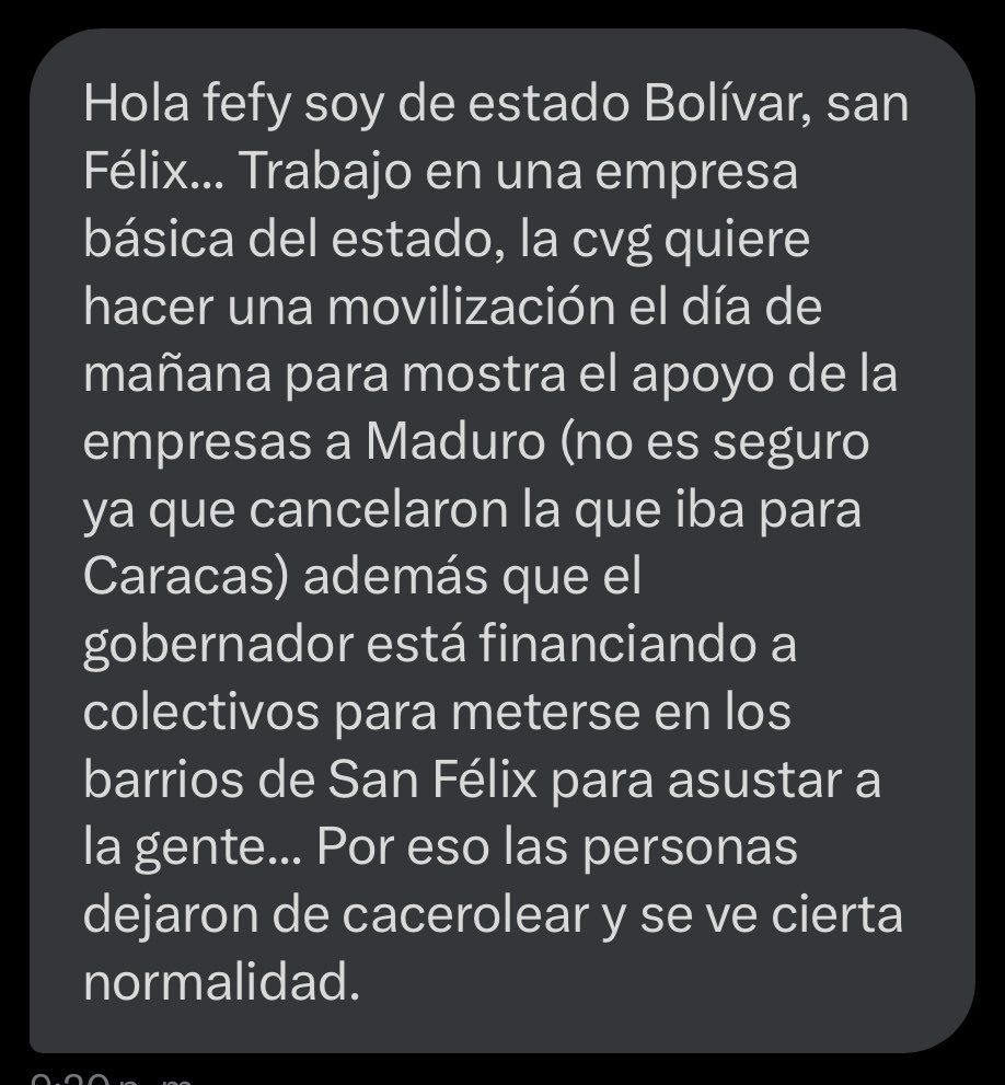 fefyhc's tweet photo. #Guayana || Están obligando a los trabajadores de las empresas básicas a asistir a una marcha en apoyo al dictador.

También, denuncian que los colectivos están siendo pagados por Ángel Marcano para amedrentar a las personas en San Félix.

Cuídense, amigos. https://t.co/bey9A7tWSL