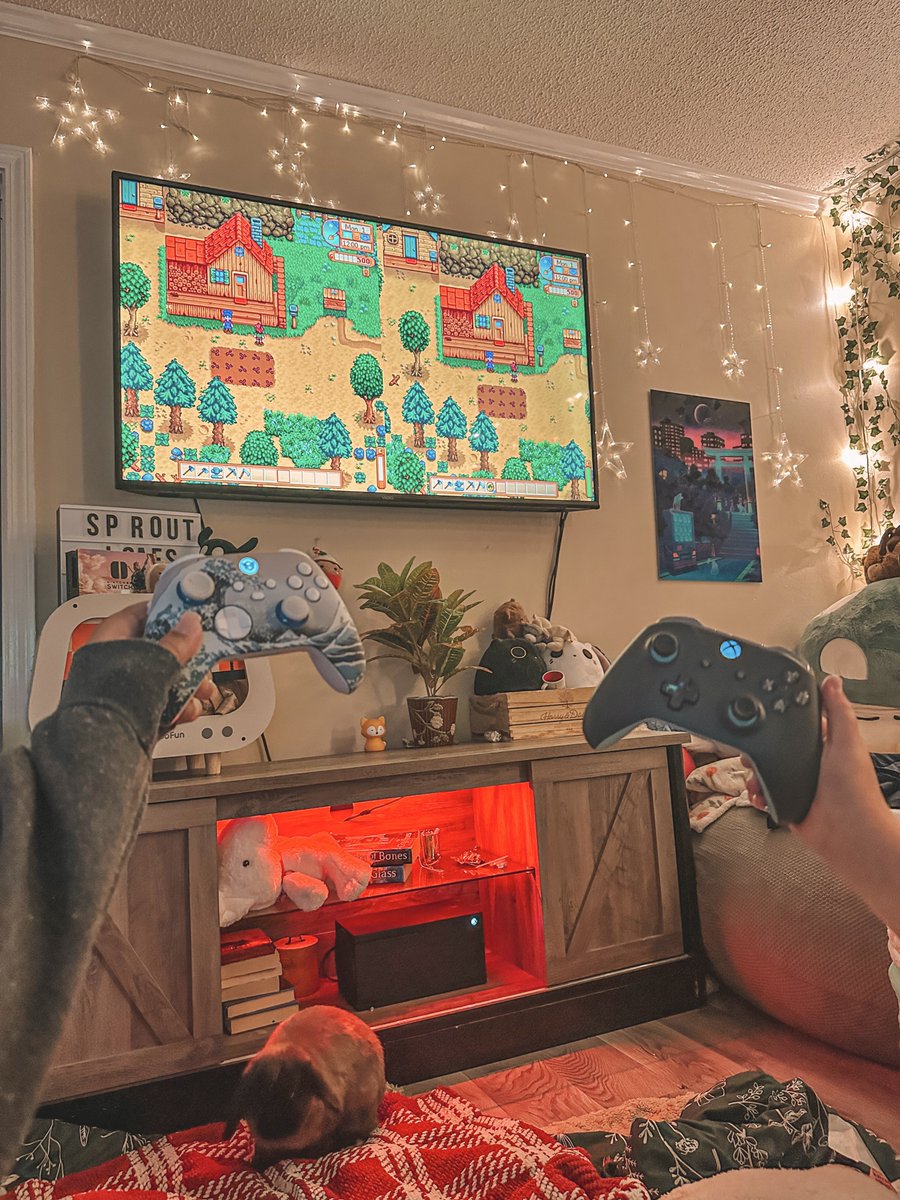 Simplehylian's tweet photo. Setup a cozy game night to play Stardew with my lil cousin &amp; it was so fun 🥹👩🏻‍🌾🌿✨ https://t.co/70AxZ7Ebo5