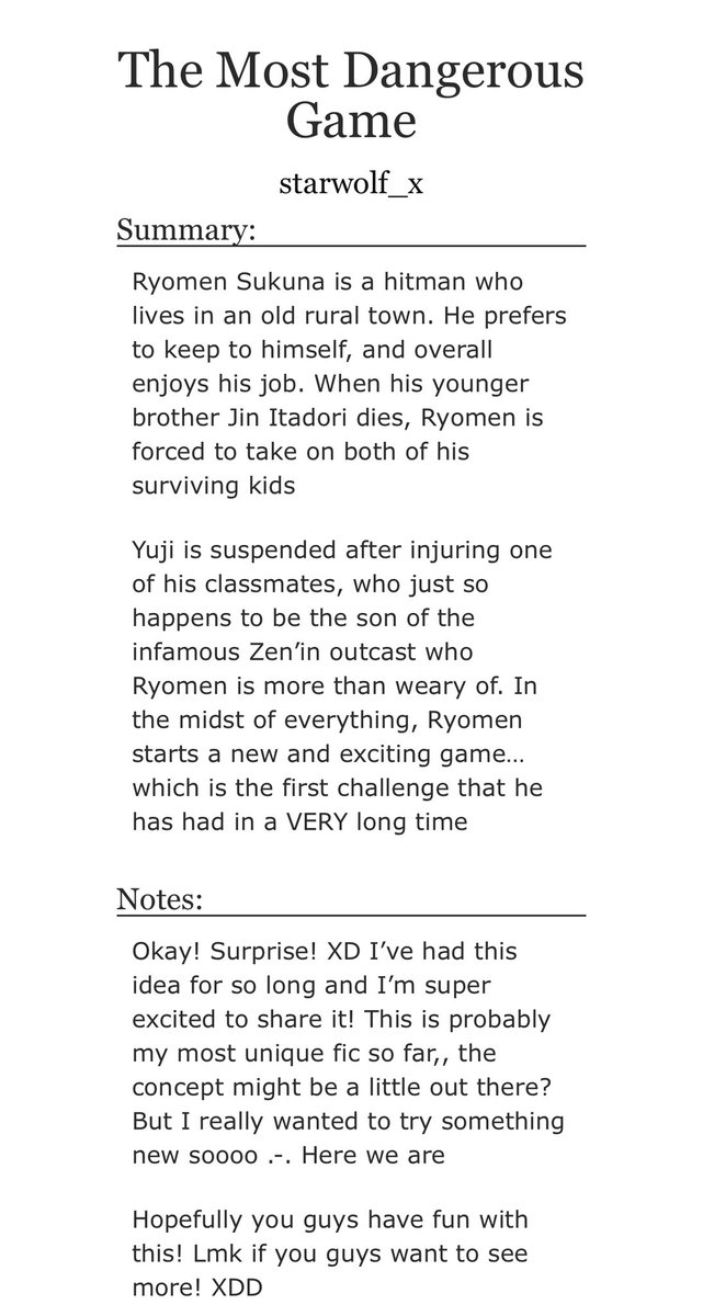 starwolf_x's tweet photo. The Most Dangerous Game-

Tojikuna spinoff fic that’s by far the most out there fic I’ve written plot-wise XD Fic takes place in a no powers AU and follows hitman Sukuna and a depressed version of Toji

Give it a read here! https://t.co/ArOSSyIJtu https://t.co/P5tQV1QA70