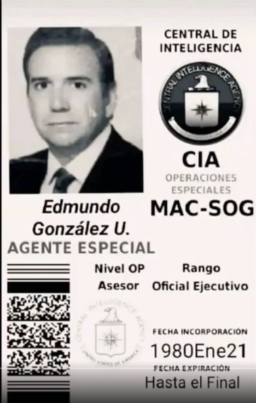 Aquí el carnet de la CIA del candidato Edmundo González, experto en los años 80 en los escuadrones de la muerte. El "matacuras" le llamaban. Un angelito el viejo.