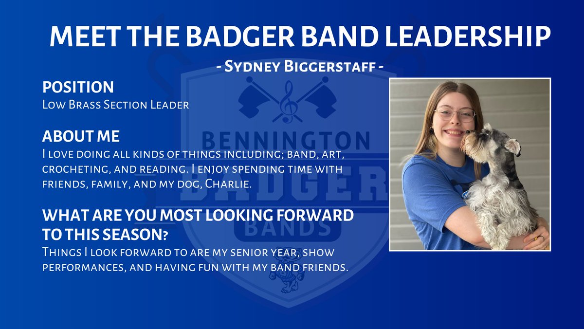 badgerbands's tweet photo. Meet the Badger Band Leadership Team!
We will continue to feature members on the leadership team each day as we approach our exhibition performance at the end of band camp.
Today we feature our very own Sydney Biggerstaff!
@WeRBennington #WeAreBPS https://t.co/IncgbwvbdT