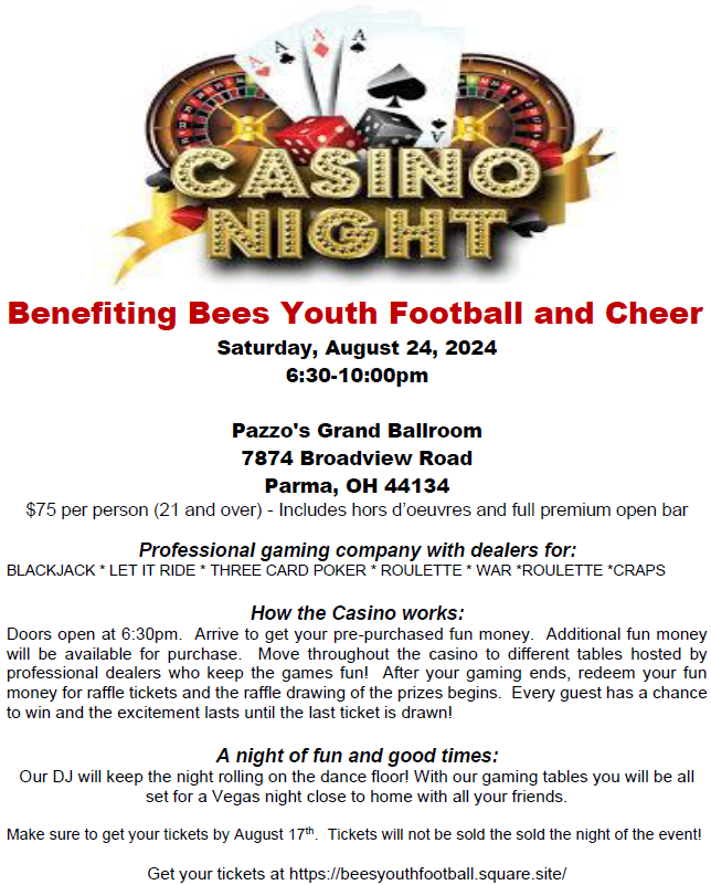 BeesYthFootball's tweet photo. Tickets for our Aug 24 Casino Night Fundraiser are on sale now through Aug 17. Get your tickets here:
https://t.co/rpOPcIJA9r https://t.co/3lv2WlyaBw