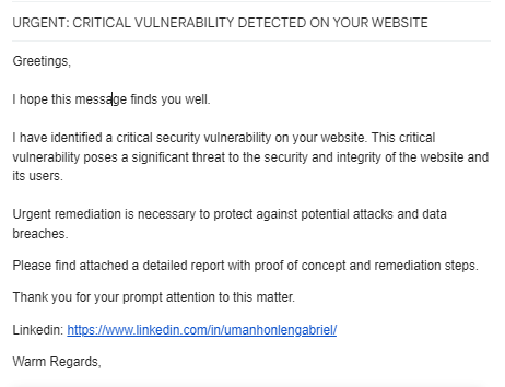 sudosu01's tweet photo. Here is how I send my mail on any vulnerability found on your website 👃
Incase you remediate and don't respond, I would catchup with who viewed me on LinkedIn as a monitoring spirit😂
#bugbounty #hunterio #hack #vulnerability https://t.co/Fi0ApeYkdO