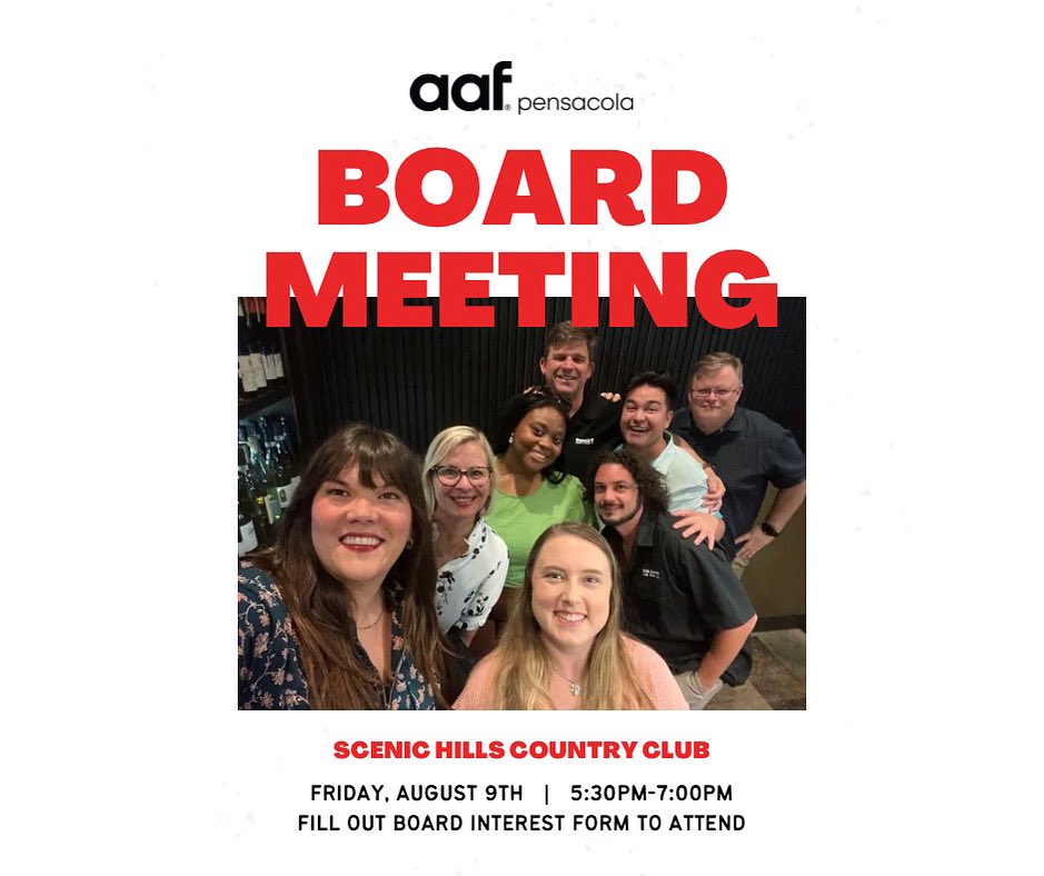 Want to be part of this year's board of directors? Join us next Friday at Scenic Hills Country Club! Be sure to fill out the interest form to attend. Who's in?! 🥳

aafpensacola.com/join-the-board