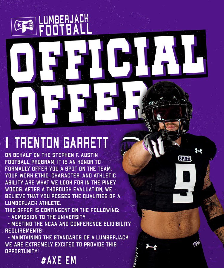 TrentGarrett215's tweet photo. Blessed to receive an official offer to Stephen F. Austin University!
@CoachCarthel @SFACoachGraf @CoachXG
#AxeEm https://t.co/RFKhB7DfRA