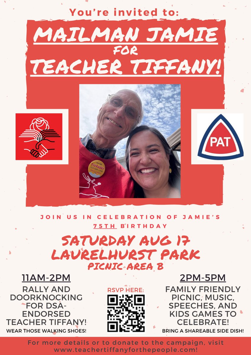 Join Mailman Jamie for Teacher Tiffany 75th Birthday Bash on Saturday, August 17th.  We're doing door knocking for City Council candidate,  Tiffany Koyama Lane from 11am-2pm followed by a family-friendly picnic with BBQ, music and kids games, 2-5pm.  RSVP: tinyurl.com/MJforTT