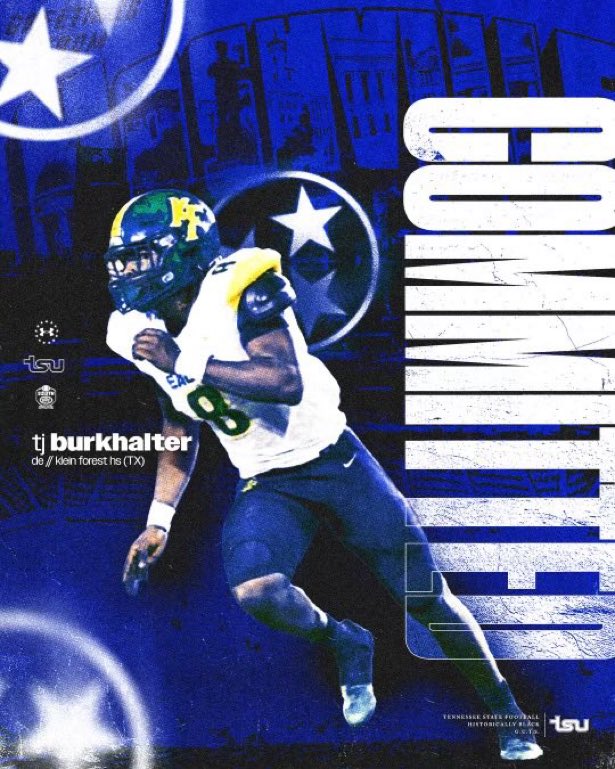 commit2HBCU's tweet photo. 🚨Commitment Alert🚨
Trenton (TJ) Burkhalter, C/O ‘25 (DE/OLB) prospect, has announced a commitment to Tennessee State University 🏈🏈@TSUTigersFB #commit2HBCU
🏫Klein Forest HS (TX) @KFGOLDENEAGLES
📸@TJBurkhalter1 https://t.co/xbCb6LRudV