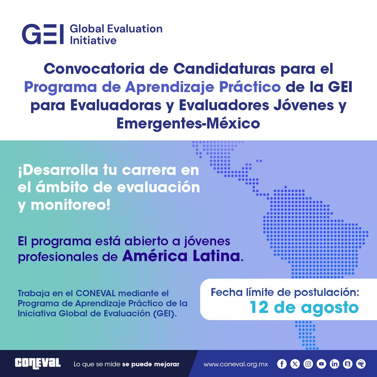 ☝️🤓 ¡Abrimos una nueva convocatoria para realizar una pasantía en el #CONEVAL en el Programa de Aprendizaje para evaluadores emergentes!

Si te interesa la evaluación y el monitoreo de políticas públicas, aplica.

📑 Visita l.coneval.org.mx/Convocatoria_G… 

#LoQueSeMideSePuedeMejorar ✅