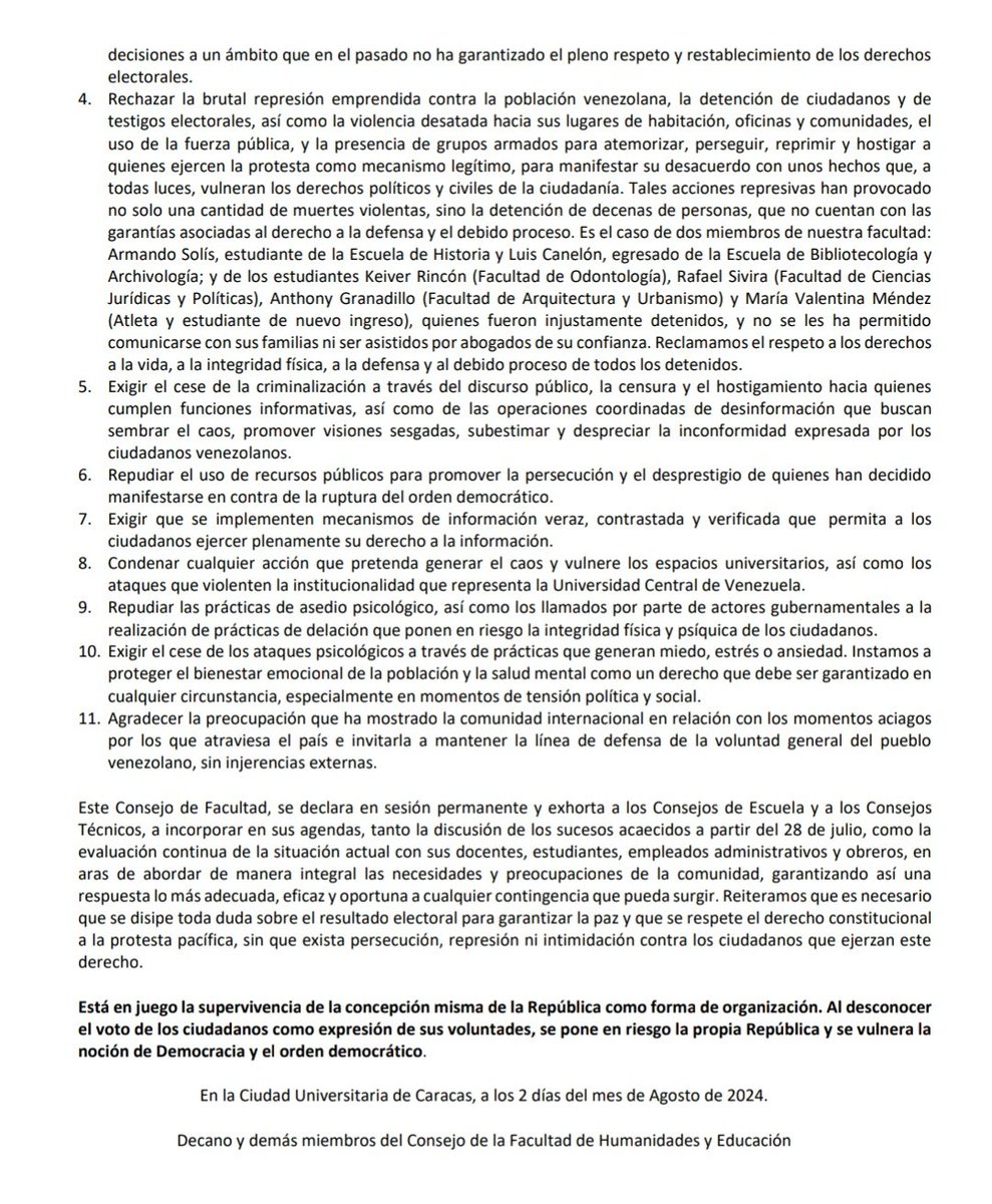 COMUNICADO: a la opinión pública nacional e internacional, desde el Consejo de la Facultad de Humanidades y Educación. 

Pedro Barrios <a href="/pmbarriosmo/">Pedro Barrios Mota 🇻🇪</a>
Decano #FHyE y demás miembros del CFHyE #UCV