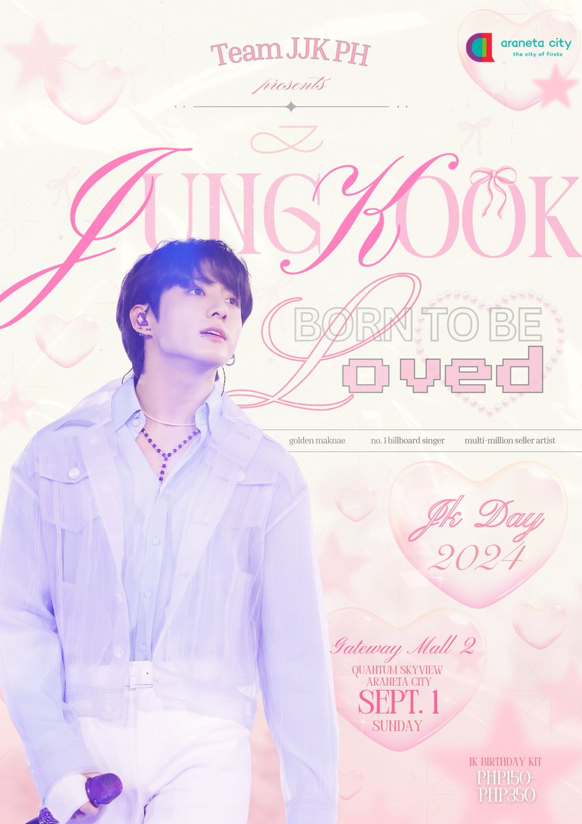𝒶 𝒹𝒶𝓎 𝒻𝓊𝓁𝓁 𝑜𝒻 𝓁𝑜𝓋𝑒 𝒶𝓃𝒹 𝒸𝓊𝓉𝑒𝓃𝑒𝓈𝓈! 𐙚
celebrate our dearest 𝓙𝓴’s 27th birthday ♡
 
𝓙𝓾𝓷𝓰𝓴𝓸𝓸𝓴:𝓑𝓸𝓻𝓷 𝓽𝓸 𝓫𝓮 𝓛𝓸𝓿𝓮𝓭 
౨ৎ 09.01.24 
౨ৎ <a href="/aranetacity/">Araneta City</a> 
౨ৎ 11am-4pm  

˚ʚ♡ɞ˚  forms.gle/mZ4RAekBYSMpkS… 

#JKBornToBeLoved #JungkookDay #TeamJJKPH