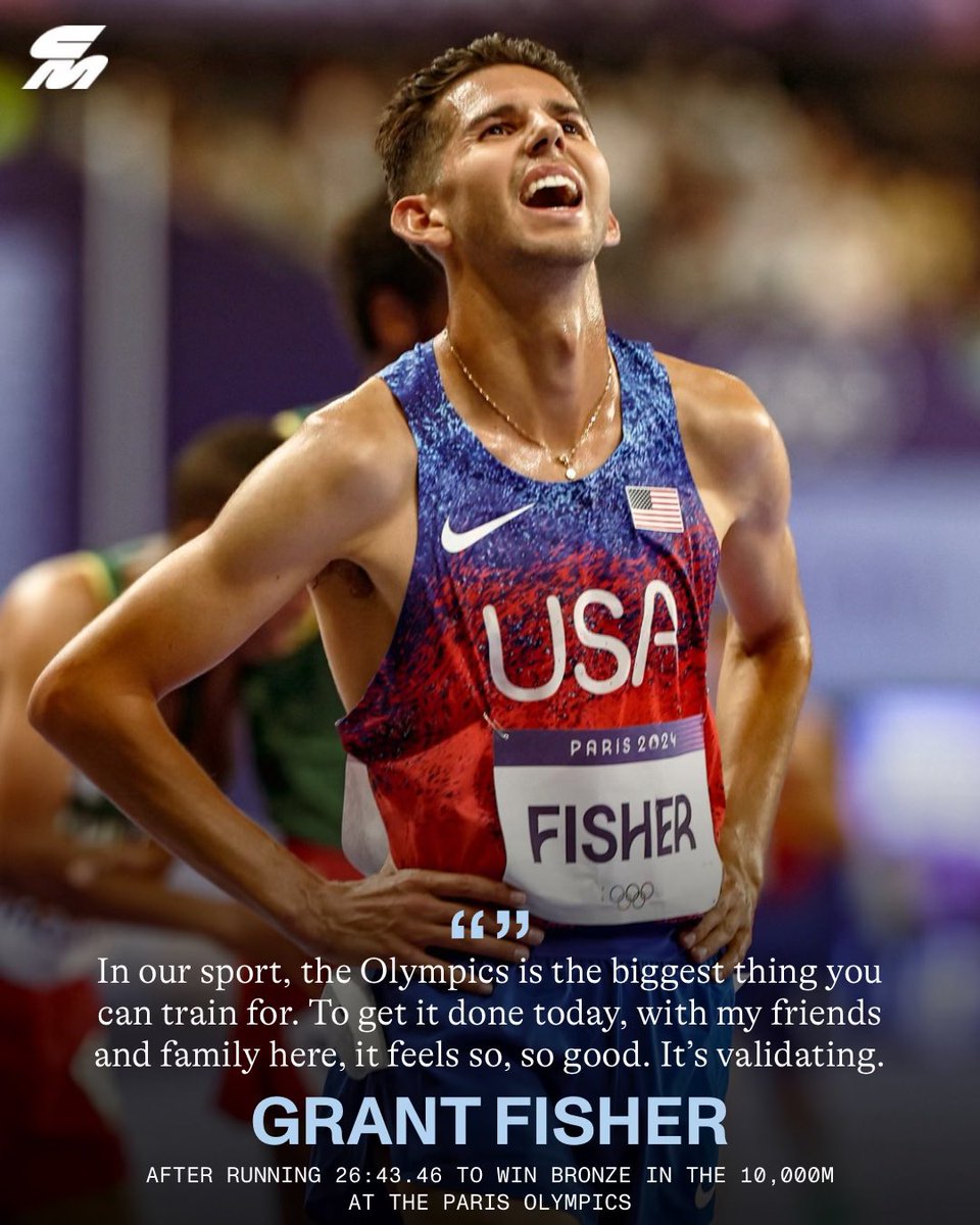 CitiusMag's tweet photo. Grant Fisher appreciation post. 🙌

@Phresh_Fish improved upon his 5th place finish at the Tokyo Olympics to take home bronze in tonight’s 10,000m final. Since the last Olympic Games, Fisher has steadily cemented himself as one of the world’s best distance runners.

— 2021: Tokyo Olympics 10,000m - 5th

— 2022: World Championships 10,000m - 4th | 5000m - 6th
 
— 2023: No. 8 world all-time 3000m - 7:25.47

— 2024: Paris Olympics 10,000m BRONZE

📸: @Justin_Britton