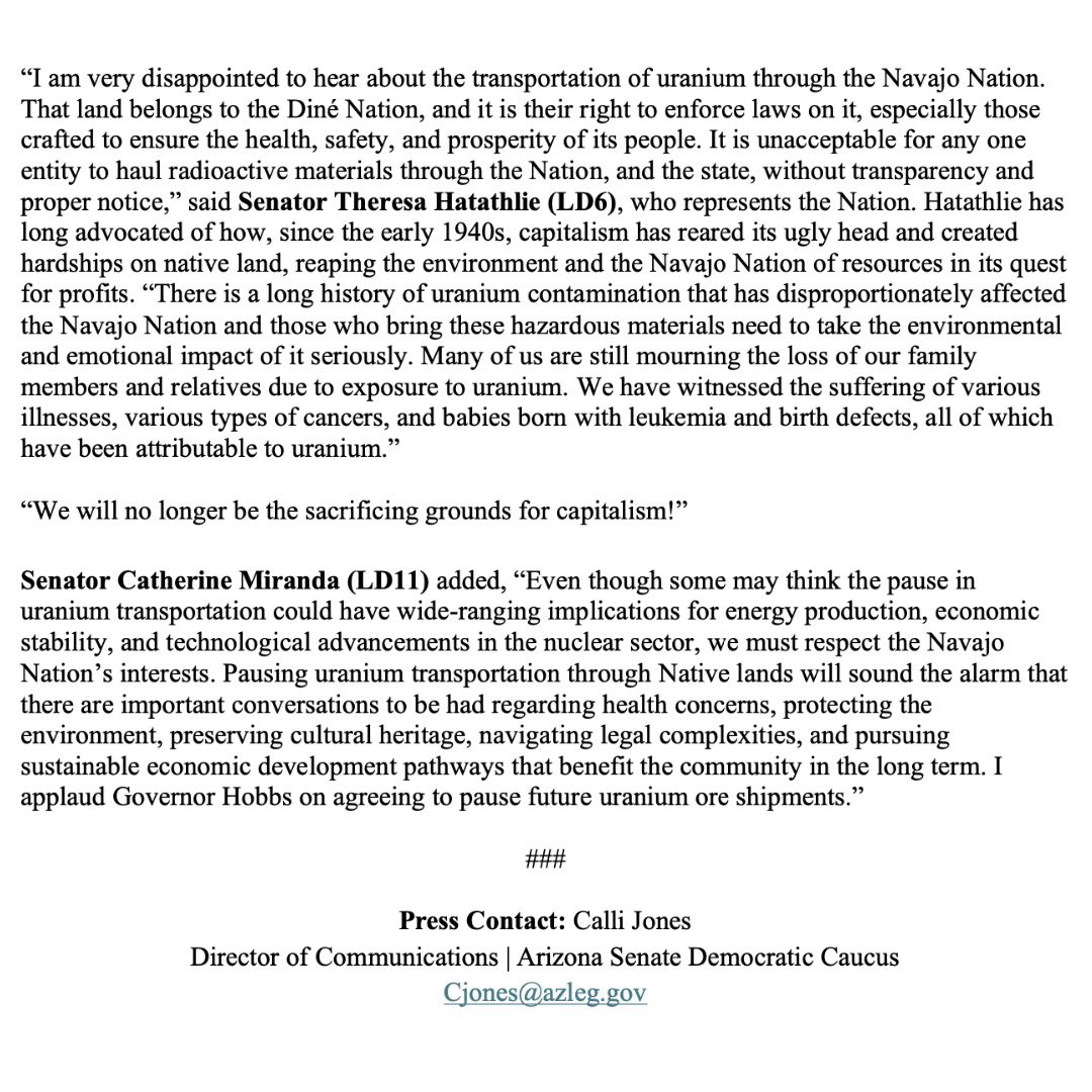 PRESS RELEASE: Hatathlie, Miranda condemn the transportation of uranium through the Navajo Nation