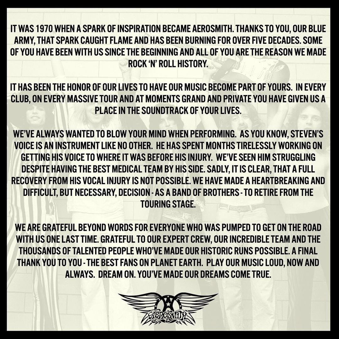 We are shocked and saddened by this news from earlier today. Nothing but love and respect to our friends in <a href="/Aerosmith/">Aerosmith</a>

Heartfelt thanks for all of the incredible memorie

The #HappinessBastardsTour (The Reprise) WILL STILL ROLL ON THIS FALL with more dates now to be added!