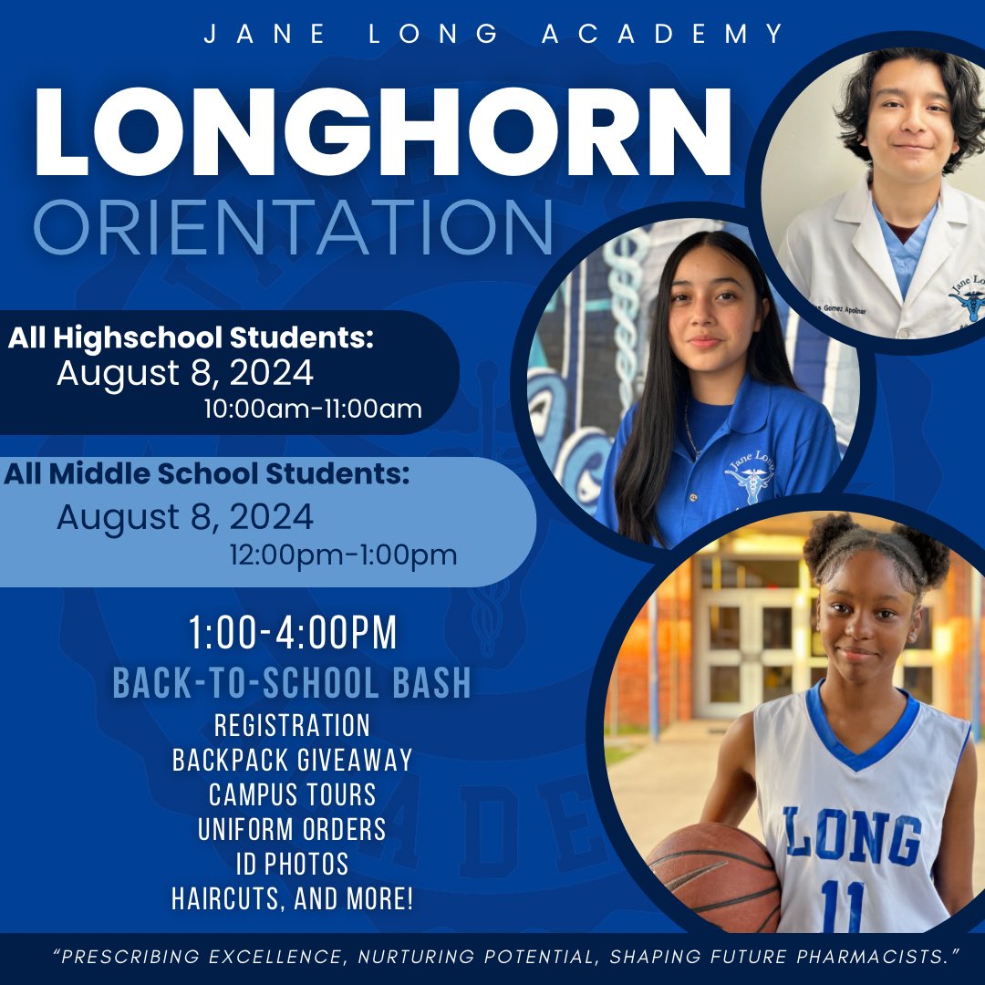 JaneLongFutures's tweet image. We can’t wait to welcome our incoming and returning Longhorns for our 2024-2025 orientation and back to school bash! 📓✏️ @HISD_West @WestDivSuptHISD @DrDWrightHudson #PTECH #prescribingexcellence