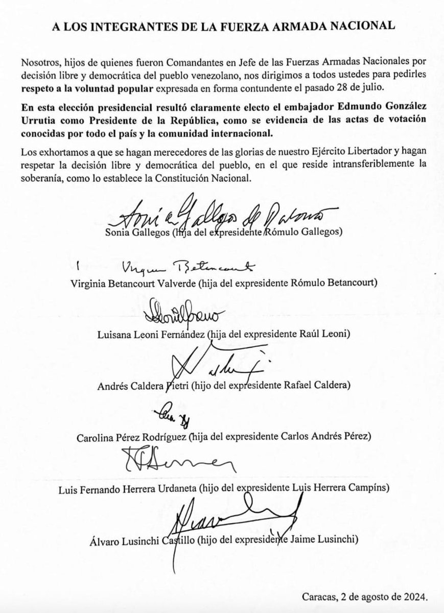 VPITV's tweet image. #AHORA | Hijos de expresidentes venezolanos pidieron a la Fuerza Armada del país respetar la “voluntad popular expresada en forma contundente el pasado 28 de julio” en #Venezuela. 

“En esta elección presidencial resultó claramente electo el embajador Edmundo González Urrutia…