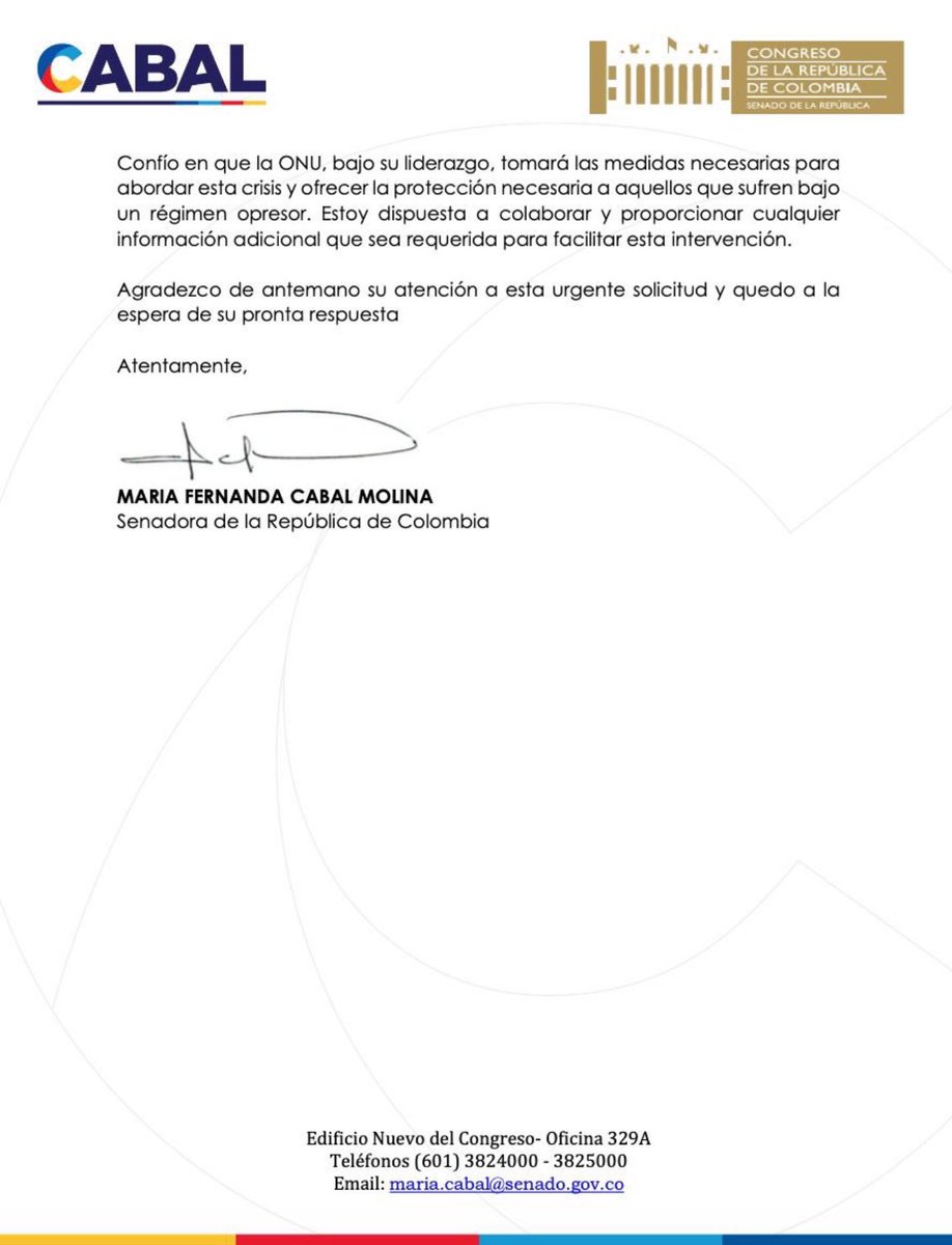 Visegrád 24 (@visegrad24) on Twitter photo BREAKING:
Colombian Senator <a href="/MariaFdaCabal/">María Fernanda Cabal</a> sends a letter to UN Secretary-General <a href="/antonioguterres/">António Guterres</a>
She’s calling on him to send a UN Blue Helmet peacekeeping mission to Venezuela to stop Maduro from murdering Venezuelan patriots.
#VenezuelaLibre 🇻🇪 BREAKING:
Colombian Senator <a href="/MariaFdaCabal/">María Fernanda Cabal</a> sends a letter to UN Secretary-General <a href="/antonioguterres/">António Guterres</a>
She’s calling on him to send a UN Blue Helmet peacekeeping mission to Venezuela to stop Maduro from murdering Venezuelan patriots.
#VenezuelaLibre 🇻🇪
