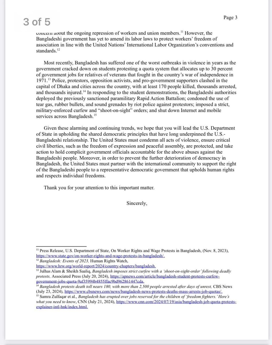 IffaturRahman7's tweet photo. Letter of 22 senators and congressmen of the United States Democratic and Republican parties to the Minister of State Blingken to take measures to solve the recent situation in Bangladesh.

#SaveBangladeshiStudents #SanctionBDArmy
#StepDownHasina #HumanRightsViolations https://t.co/2JxQx6dbIw