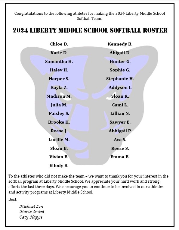Thank you to those who came and tried out for Liberty Middle School Softball! Congratulations to those who made the 2024-2025 team! #pantherpride #ladypanthers #futuretigers #Congrats <a href="/EHS_Softball_/">Lady Tigers</a> <a href="/CatyPonce2/">Caty Ponce Happe</a>