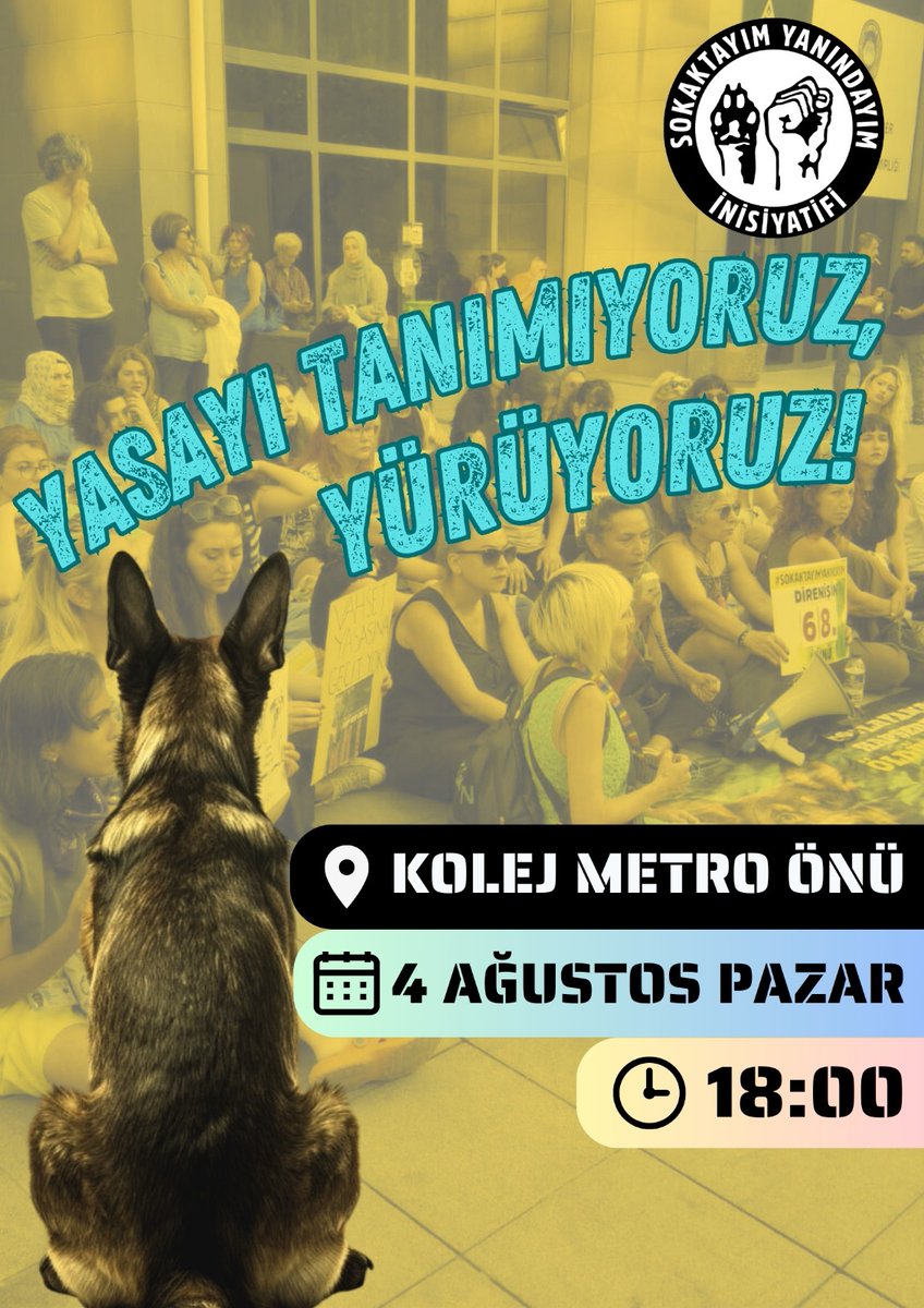 Sokaktayım Yanındayım İnisiyatifi'nin çağrısıyla, "Katliam yasanızı tanımıyoruz, yasayı sokakta biz yazacağız!" demek için 🗓 4 Ağustos Pazar günü ⏰18:00'da 📍Kolej Metro önünde bir araya geliyoruz. 

#YasayiGeriÇek 
#YasaDeğilCinayet
#YasayıSokaktaBizYazacağız