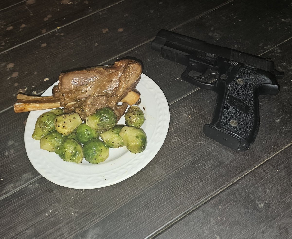 Lamb shank with rosemary roasted brussel sprouts.

(SIG P226 for scale)