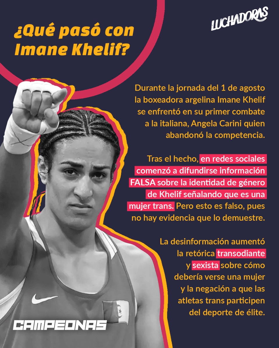 LuchadorasMX's tweet photo. #ImaneKhelif vuelve mañana al ring 🤼‍♀️. 
Se enfrentará a la húngara Luca Hámori y al trans0di0 pero recuerden: ¡Que no hay mujeres trans compitiendo en #Paris2024 !⚠️

@ginxglez comparte datos útiles contra la desinformación y discursos de 0di0. 🥊💥

https://t.co/rj6lMJe7r5 https://t.co/5gYgOC9WHa