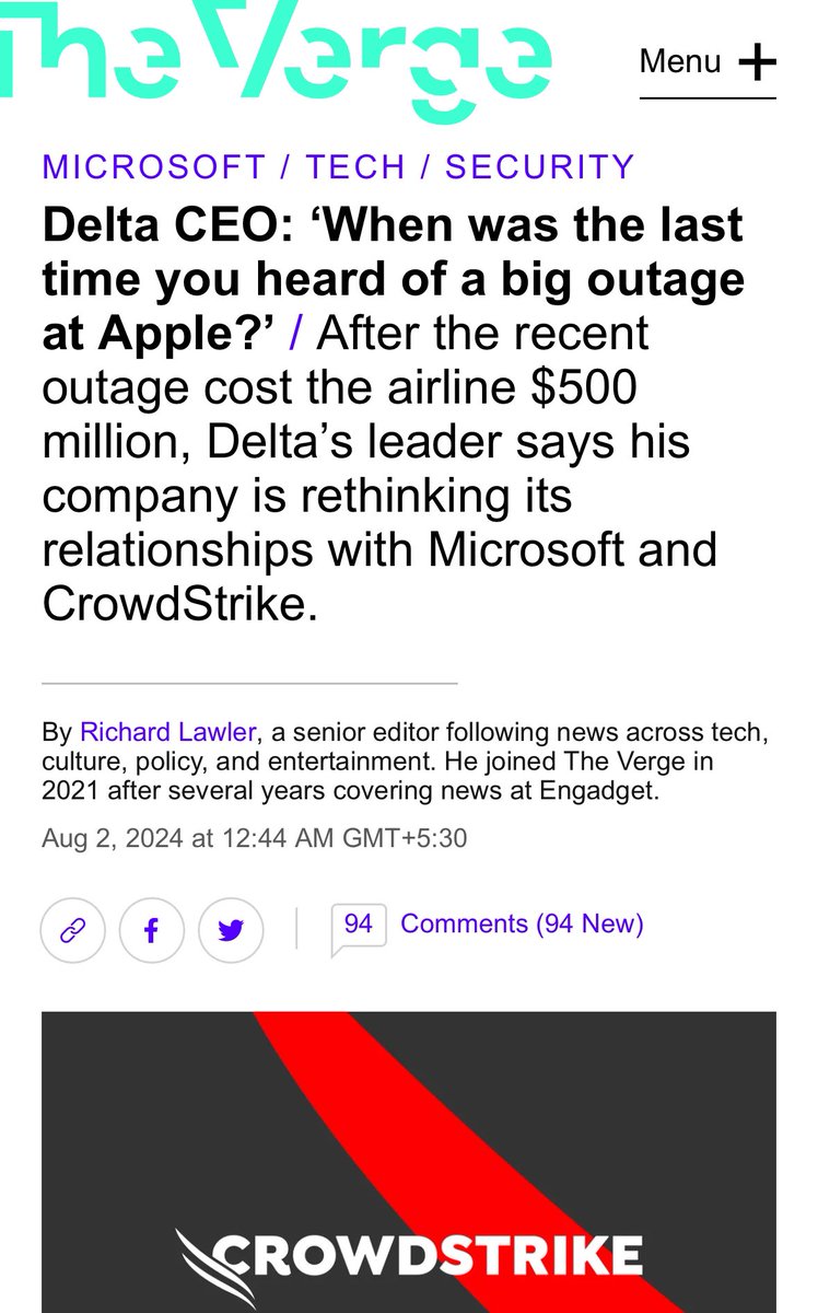 nixcraft's tweet photo. Delta CEO says CrowdStrike-Microsoft outage cost the airline $500 million. He called Microsoft the most fragile platform. What do you think will the CEO replace Microsoft with Apple? Perhaps THEY need to consider Linux? https://t.co/4iWaLkdhT8