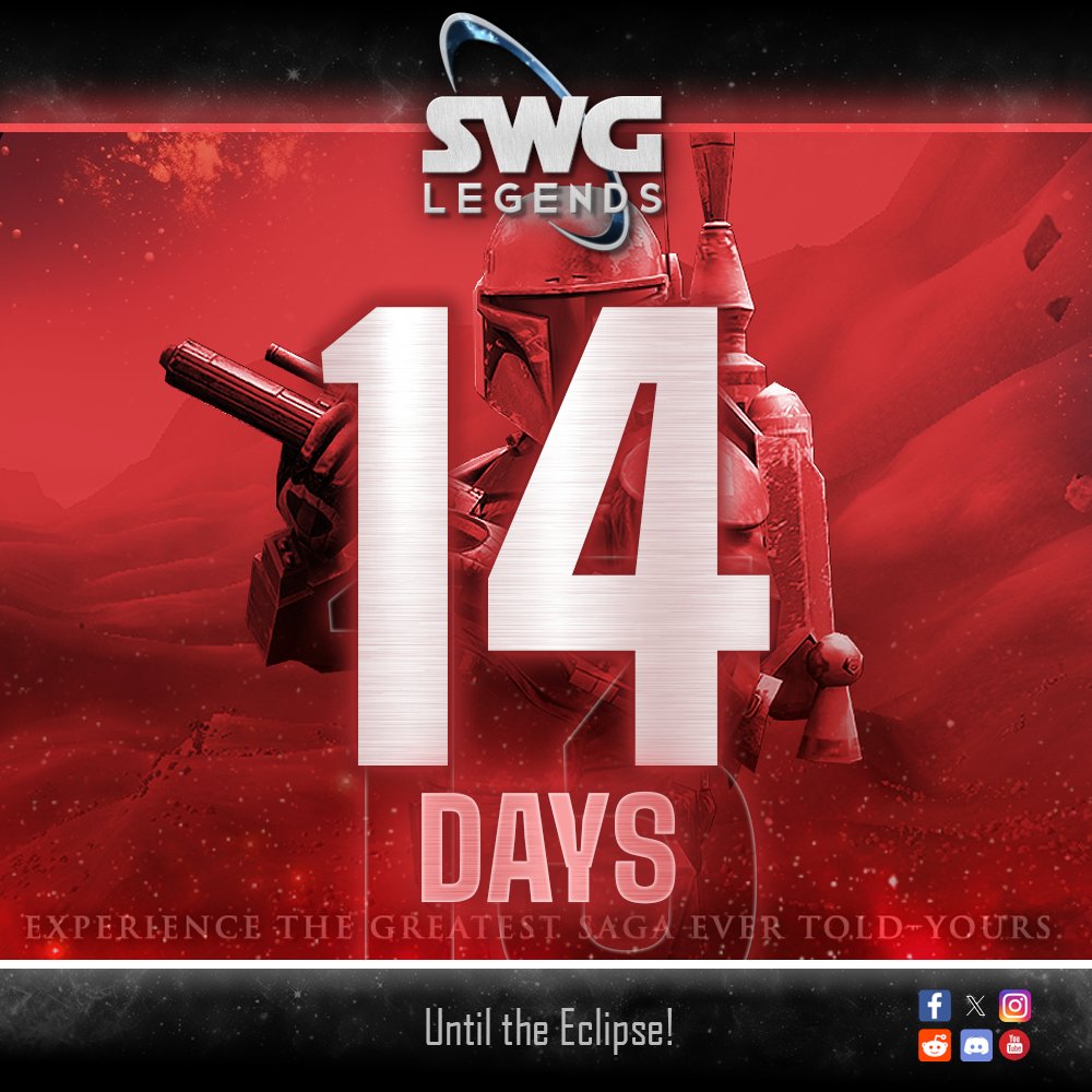SWGLegendsStaff's tweet photo. We are excited to announce that in 14 days SWG Legends ECLIPSES the life of the SOE live servers! To ring in Day 0, join us on Aug 16 for the return of the Battle of Restuss! Then the action continues into Day 0! More details coming soon! #SWGLegends #StarWarsGalaxies #SOEclipse https://t.co/8MExAEGVKc