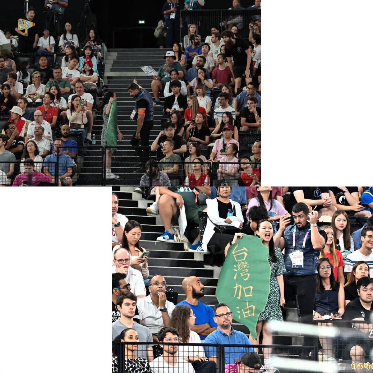 Byron_Wan's tweet image. Aug 2: during the 🇹🇼 Lee Yang (李洋) / Wang Chi-lin (王齊麟) vs 🇩🇰 Kim Astrup / Anders Skaarup Rasmussen badminton men’s doubles semi-finals, a man in a pink tee and crimson cap — reportedly a 🇨🇳 little pink — forcibly ripped a green Taiwan-shaped poster with 台灣加油 written on