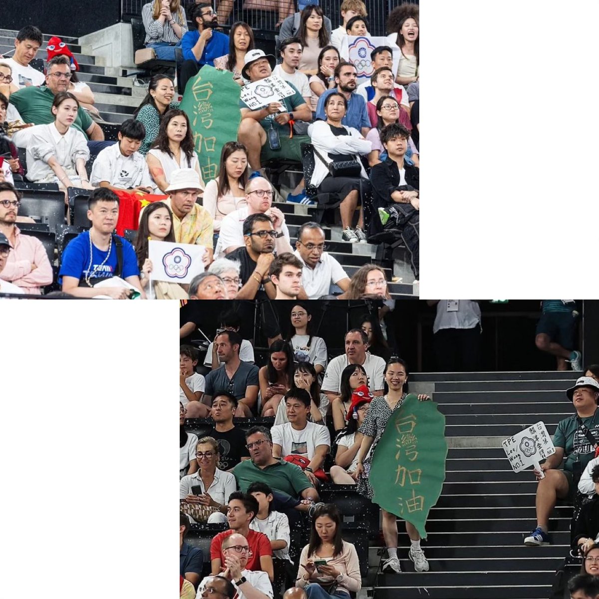 Byron_Wan's tweet image. Aug 2: during the 🇹🇼 Lee Yang (李洋) / Wang Chi-lin (王齊麟) vs 🇩🇰 Kim Astrup / Anders Skaarup Rasmussen badminton men’s doubles semi-finals, a man in a pink tee and crimson cap — reportedly a 🇨🇳 little pink — forcibly ripped a green Taiwan-shaped poster with 台灣加油 written on