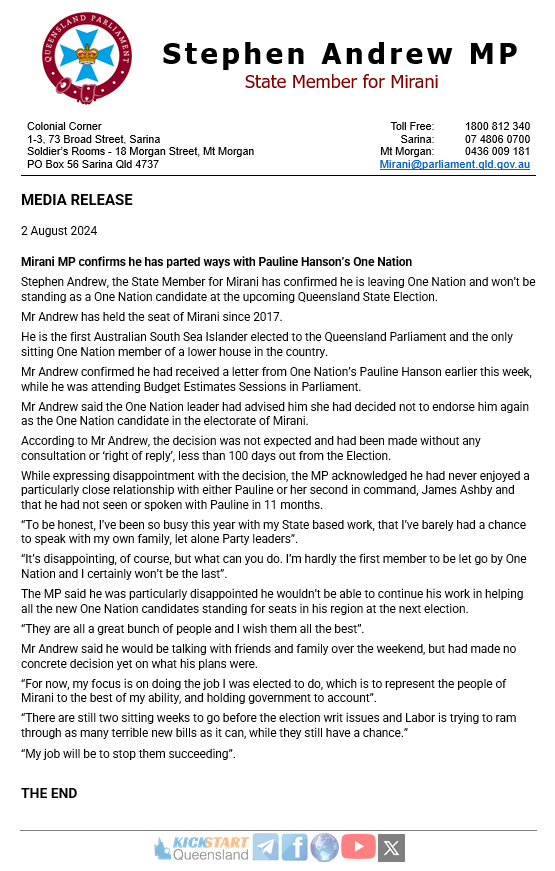 SAndrewMP's tweet photo. I have resigned my membership and all association with the One Nation party.
#qldpol #auspol https://t.co/gZCN97sd86