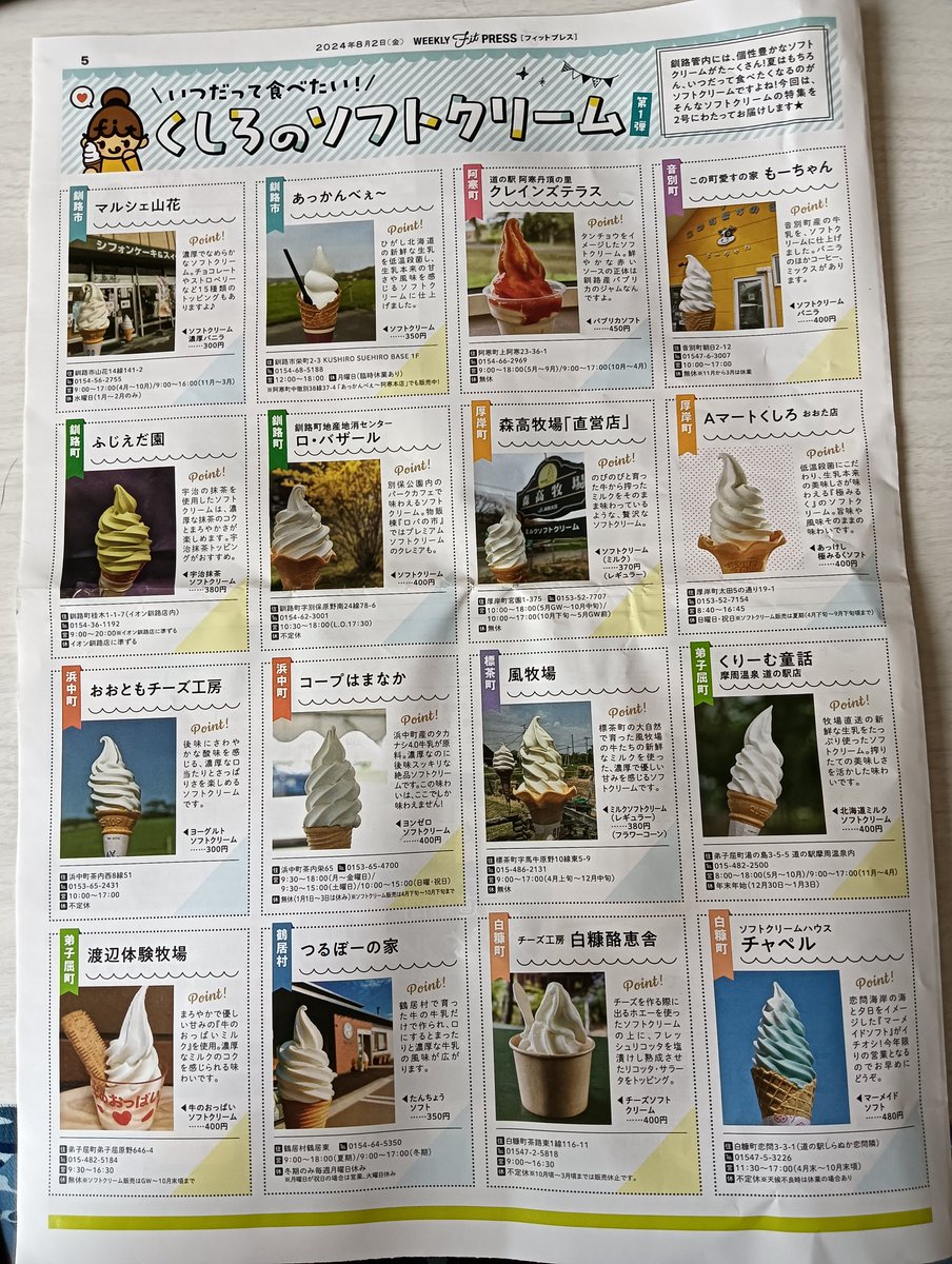 butabara7's tweet photo. 釧路の地方紙FitPRESSにソフトクリーム🍦特集載ってる！
ソフト好きにはたまらん情報！
無料で美味しい情報GETできた！
ありがとう㈱北日本広告社様
転載禁止だったら消します！
#釧路
#ソフトクリーム
#くしろ https://t.co/yPRDGlnAom