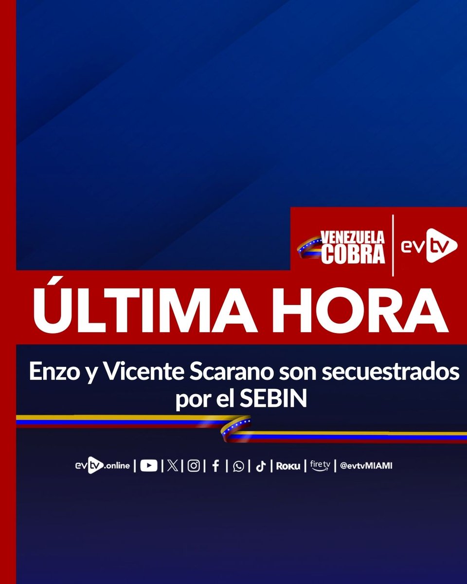 EVTVMiami's tweet photo. #ÚltimaHora / Fuentes cercanas a EVTV confirman que hace instantes el SEBIN secuestró al ex alcalde del Municipio San Diego, Estado Carabobo, Enzo Scarano, junto a su hijo, Vicente Scarano.

Noticia en desarrollo... https://t.co/pOx0s80YLG
