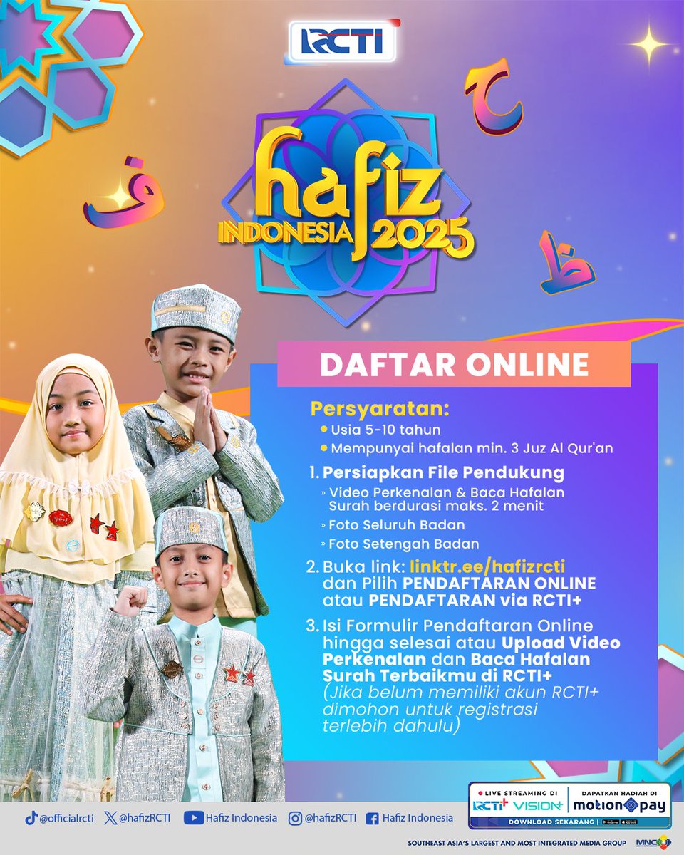 radiowalisongo's tweet photo. Audisi dibuka!

Sahabat Hafiz, kamu bisa daftar lewat online maupun offline lho.

Yuk dicatat untuk persyaratan mengikuti audisi Hafiz Indonesia melalui audisi online maupun offline.

Atau kamu bisa langsung klik link https://t.co/VJDt76zo0E

#HafizIndonesia2025 #HafizRCTI https://t.co/bx2Ju6hbqO